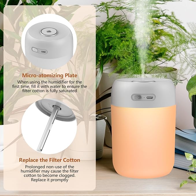 Portable Small Humidifier, 650ml Colorful Mini Humidifier for Bedroom, Office Desktop, Baby Room, Plants, Cool Mist Humidifiers(Light Gray) - Image 8