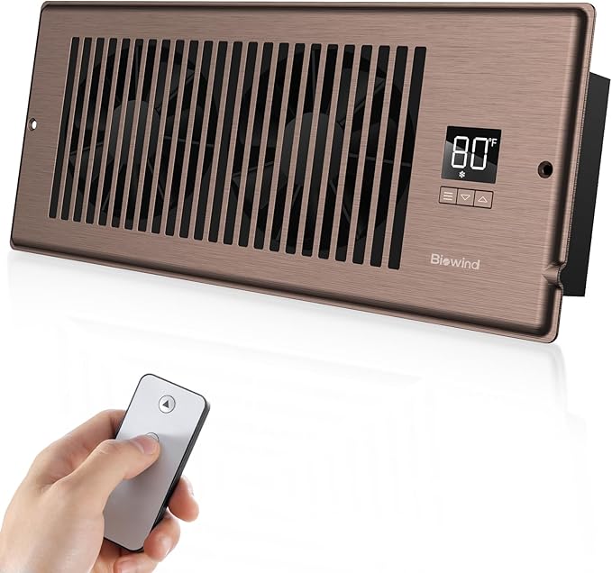 Quiet Register Booster Fan Fits 4" x 12" Register Holes, 10-Speed Smart Heating Cooling AC Vent Fan with Remote Control and Thermostat Control - Bronze by BIOWIND
