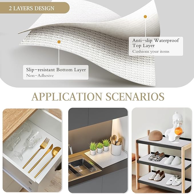 Beautysaid Shelf and Drawer Liner for Kitchen Cabinet, Non Adhesive Non Slip Shelf Paper Waterproof Washable Thickened for Dresser Pantry Shelve Bathroom Protector Liner(White,18 in x 20 FT) - Image 3