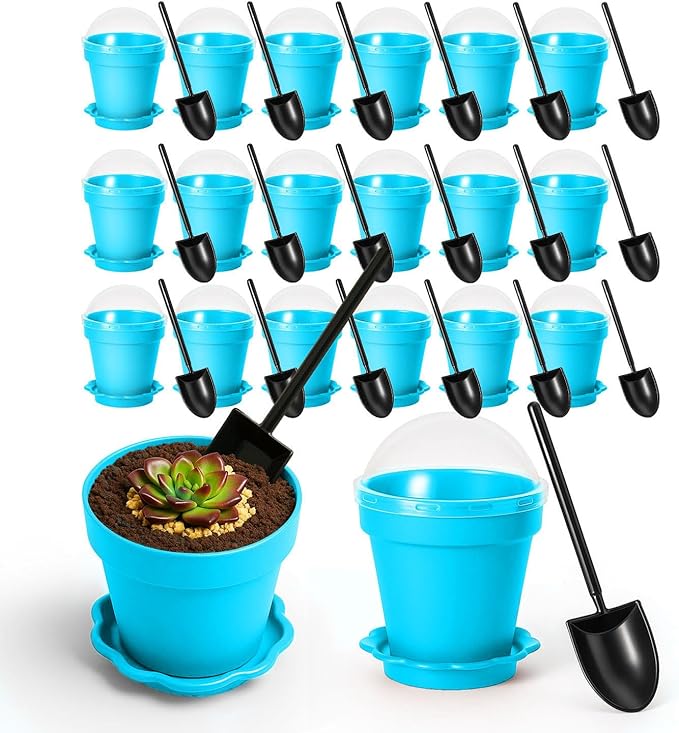20 Pcs Nursery Pots with Humidity Dome, Cupcake Plant Nursery Pots with Bring A Plate and Shovel, Planting Cups for Seeds for Indoor Gardening and Plant Propagation(Blue) by Unknown