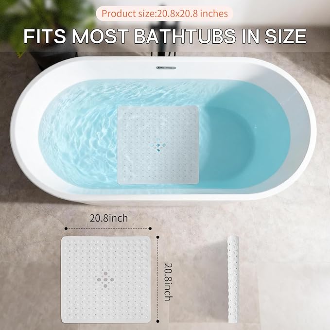 Anti-Slip Bathtub Shower mat, 20.8×20.8（Approximately 53×53cm） inch Soft Oversized Machine Washable Non-Slip Bathtub mat with Drainage Holes, Bathroom Floor Suction Cup.（1-Opaque White） - Image 3