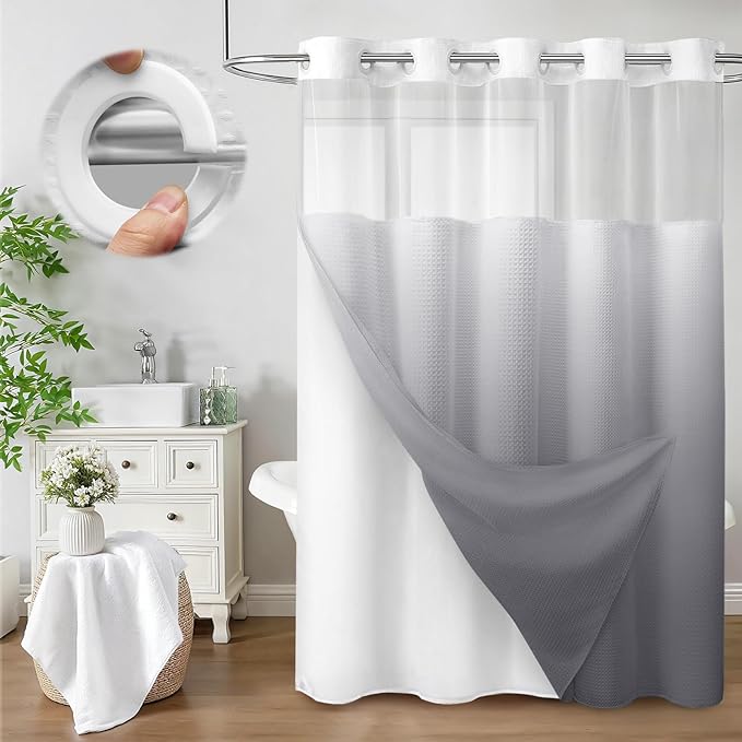 No Hook Shower Curtain and Liner Set,Ombre Grey Hotel Waffle Shower Curtain with Liner 75" L x 72" W by Unknown