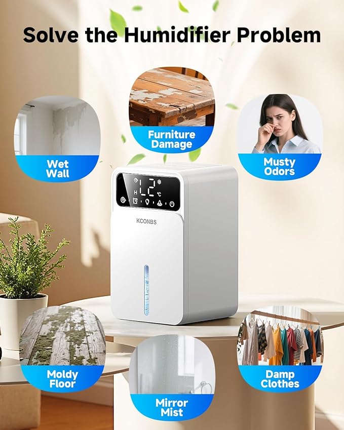 Dehumidifier for Home, 60 OZ Capacity, Auto Shut-Off for Medium Rooms up to 500 Sq.Ft, Portable Quiet for Bedroom Bathroom Basement, 24H Timer & 7 Color Lights (White, 7.36 × 6.77 × 10.47 inch) - Image 7