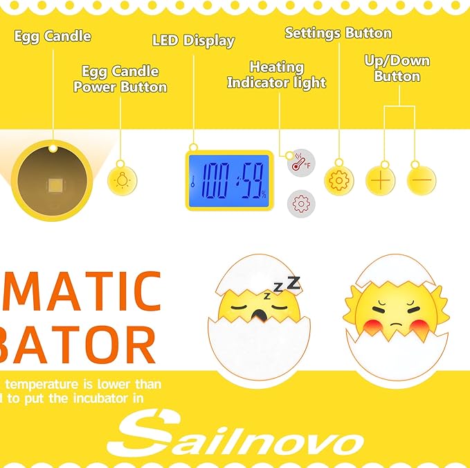 Sailnovo Egg Incubator, 20-60 Eggs Fully Automatic Poultry Hatcher Machine with Humidity Display, Candler, Temperature Control & Turner, for Hatching Chickens Quail Duck Goose Turkey Bright Yellow - Image 3