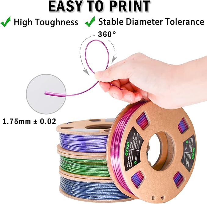 OVV3D Rainbow PLA Filament Bundle 3D Printer Filament, Silk PLA Filament 1.75mm, Silk Black Purple Green Blue and Red Purple Blue 3D Printing Filament, 200g X 4 Spools - Image 6