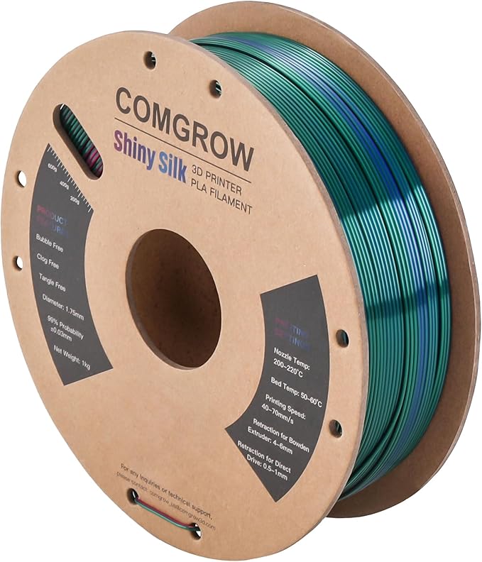 Comgrow Tri-Colors Silk PLA 3D Printer Filament, Rainbow PLA Filament 1.75mm, Dimensional Accuracy +/- 0.02 mm, 1KG Spool, Coextrusion 3D Filament with Shiny Silk Red-Blue-Green - Image 2
