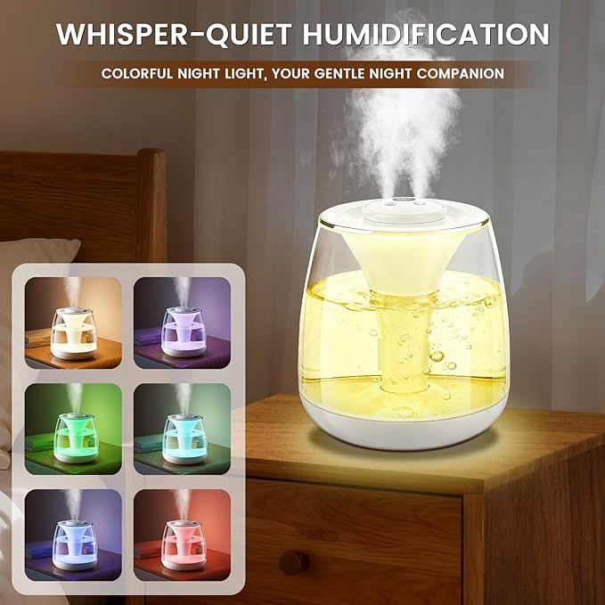 Humidifiers for Bedroom, 3 L Cool Mist Top-Fill 40H Super Long Time, 23dB Quiet, Baby Humidifier, Oil Diffuser for Large Room, Plants, Nursery, Office, 7 Color Light Ultrasonic (white) - Image 5