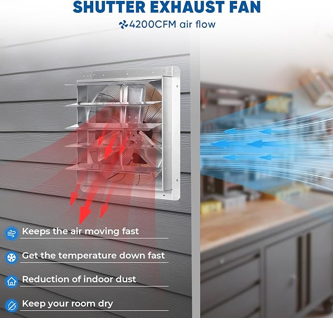 KEN BROWN 24 Inch Shutter Exhaust Fan with Controller Power Cord, Gable Vent Fan, Wall Mount Ventilation, High Speed 4200 CFM, Automatic Aluminum Blades, for Garages, Shop, Greenhouse, Attic - Image 5