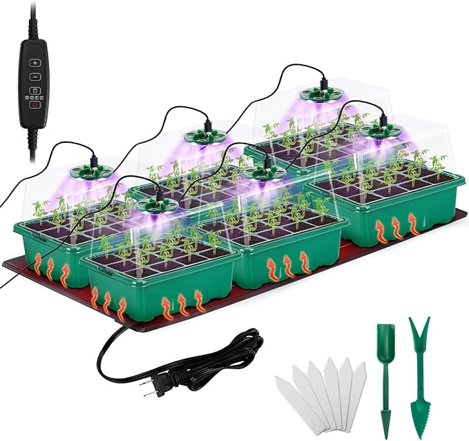 Apipi Seed Starter Tray with Grow Light & Heat Mat- 6 Pack 72 Cell Durable Easy Use Seed Starter Kit for New Gardener, Rapid Seedling Germination Kit with Humidity Domes for Plant Growing Propagation by Apipi