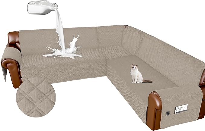 Arfntevss Waterproof Sectional Couch Covers L Shape Washable Velvet Sofa Cover for Sectional Non Slip U Shaped Corner Sofa Slipcover Sets Dog 6 Pcs Universal Furniture Protector (Light Khaki, Small) by Arfntevss