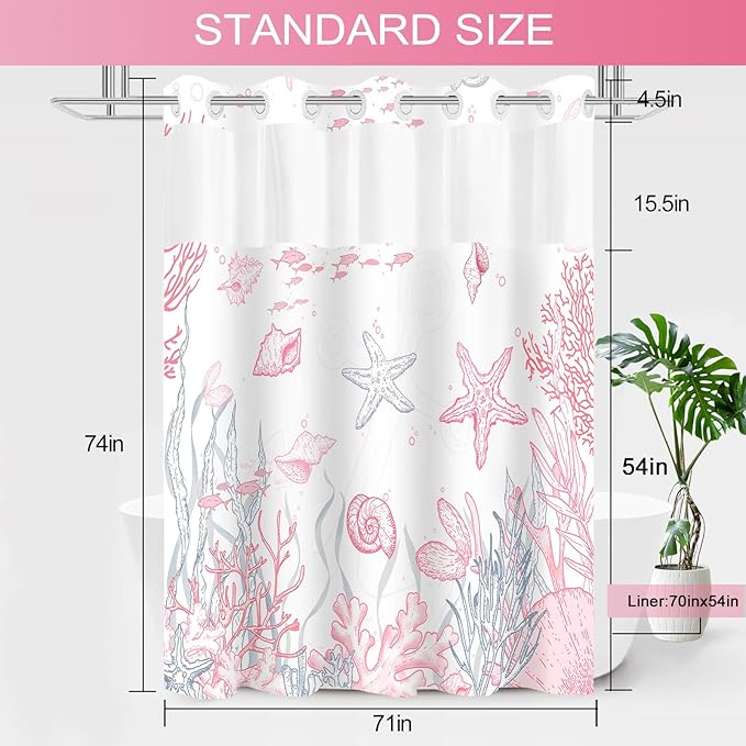 No Hook Shower Curtain with Snap in Liner, Beach Ocean Nautical Coastal Shower Curtains and Liner Set for Bathroom, Seashell Hotel Fabric Bath Curtain, Waterproof Washable, Pink 71" x 74" - Image 6