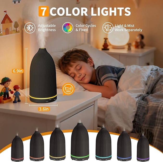 URPOWER 100ML Essential Oil Diffuser Ultrasonic Cool Mist Humidifier with 7 LED Lights, Timer & Auto-Off Quiet Aromatherapy Scent Diffuser for Home Bedroom Office Relaxation - Image 3