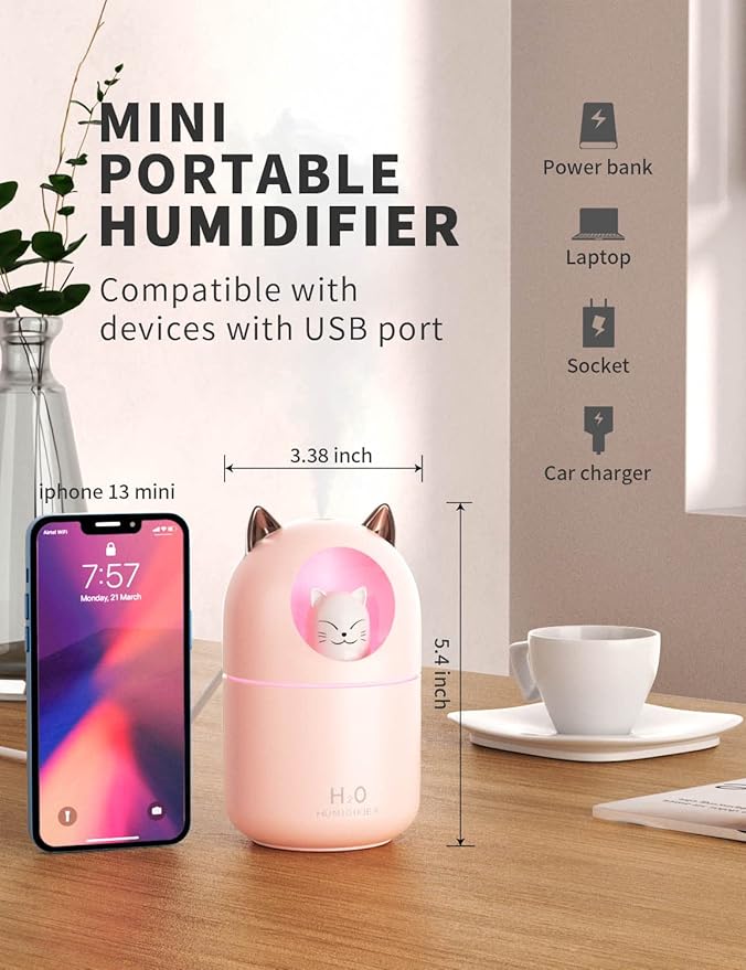 Cool Mist Humidifier,300ml Mini Humidifiers with Night Light,Waterless Auto-Off Air Humidifier,20dB Quiet Humidifiers for Bedroom,Car, Plant for Girl Boy - Image 2