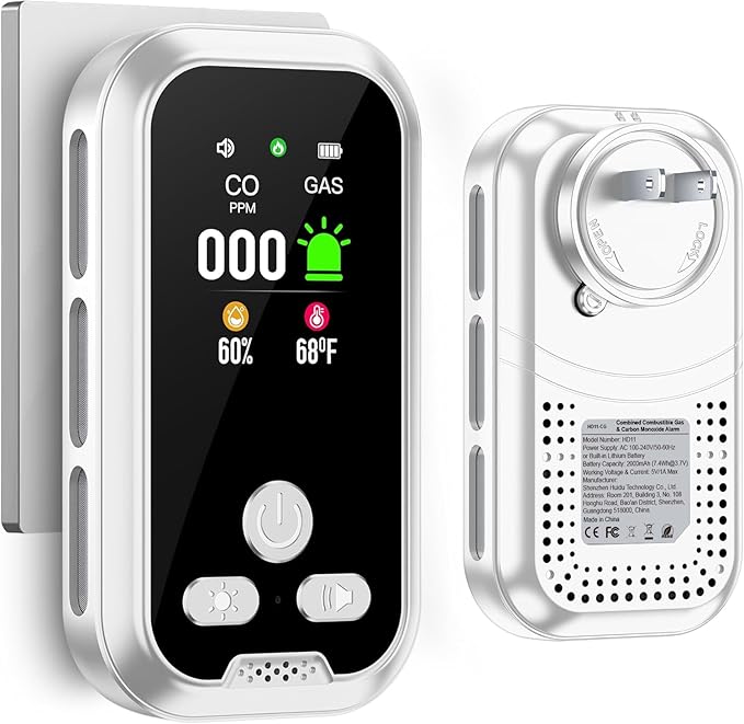 4IN1 Plug in Natural Gas & Carbon Monoxide Detectors Combination Builti-in 2000 mAh Backup Battery HD Screen [Propane Methane Gas CO Temp Humidity Sensor] Alarm for Home Hotel RV (White) by HAKINAKU