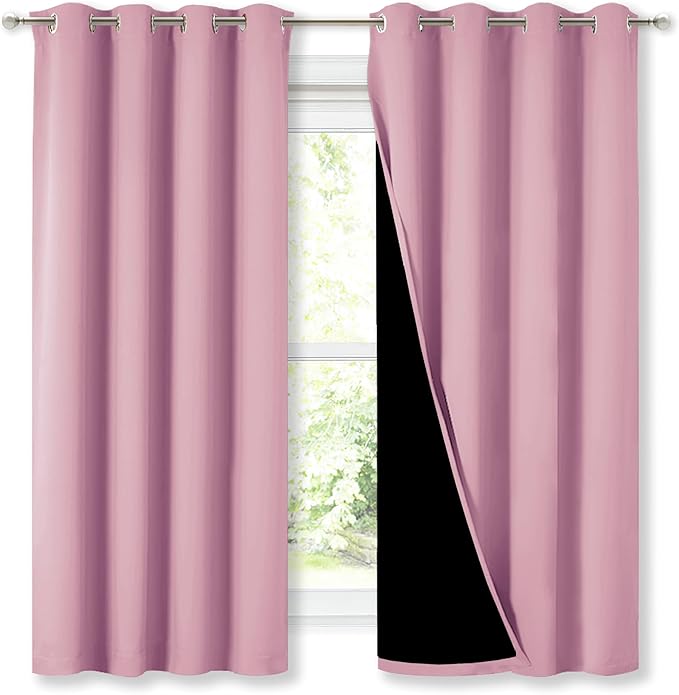 NICETOWN 100% Blackout Curtains with Black Liners, Thermal Insulated Full Blackout 2-Layer Lined Drapes, Energy Efficiency Window Draperies for Bedroom (Crystal Pink, 2 Panels, 52-inch W by 63-inch L) by NICETOWN