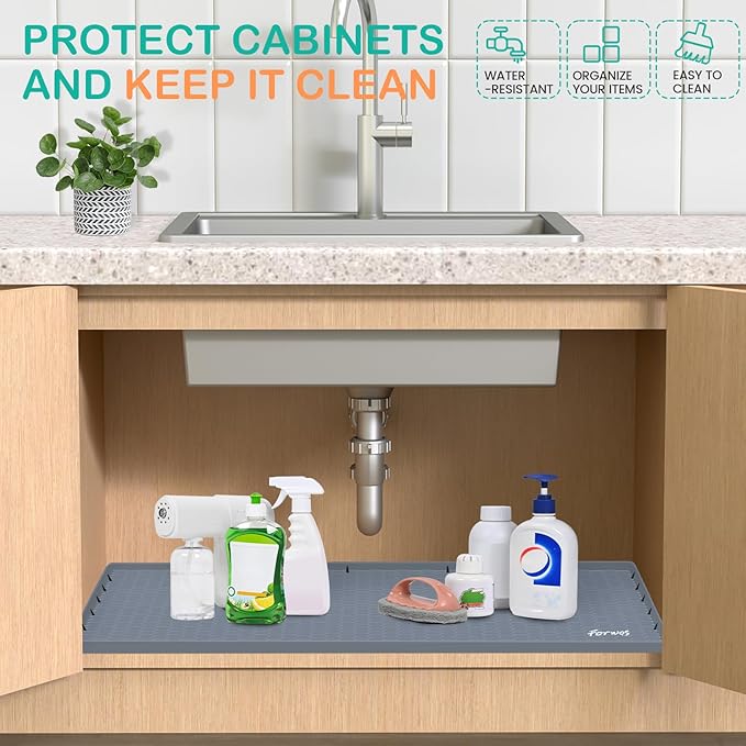 Waterproof Under Sink Mat 31" x 22", Silicone Cabinet Liner, Rubber Protector for Kitchen and Bathroom, Keeps Cabinets Clean, Dry, and Organized (Grey) - Image 4