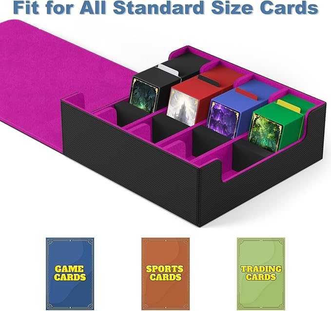 Mlikero Card Deck Case, 2400+ Trading Card Storage Box with 10 Colorful Dividers and 4 Foam Stoppers, Leather Magnetic Closure Commander Deck Box Fit for MTG, TCG (4 Rows, Black&Purple) - Image 6