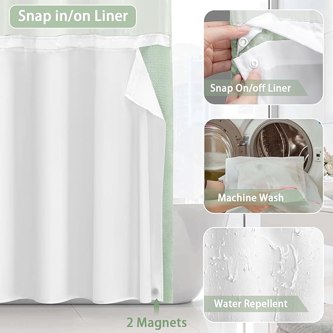 No Hook Shower Curtain and Liner Set,Mint Green Hotel Waffle Shower Curtain with Liner 75" L x 72" W - Image 4
