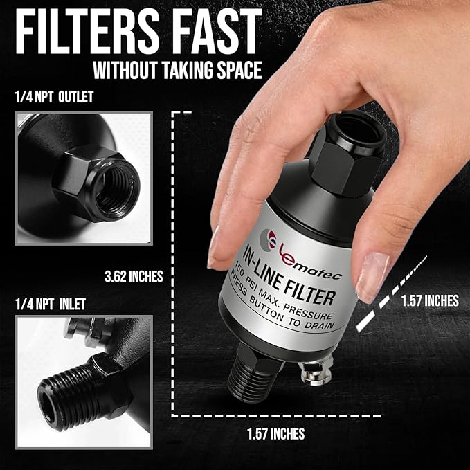 LE LEMATEC Air Compressor Water Separator - 1/4" NPT Inline Filter & Air Line Water Separator for Air Compressor, Moisture Trap Paint Gun Filter for Pneumatic Tools & Plasma Cutters, AI303 - Image 5