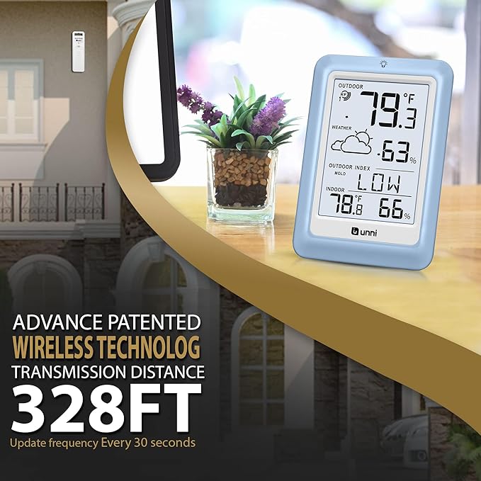 Indoor Outdoor Thermometer Wireless Weather Station, Temperature Humidity Monitor Battery Powered with 330ft Range Remote Sensor and Backlight Display（Light Blue） - Image 2