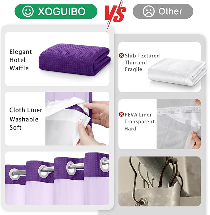 No Hook Shower Curtain and Liner Set,Deep Purple Hotel Waffle Shower Curtain with Liner 75" L x 72" W - Image 5