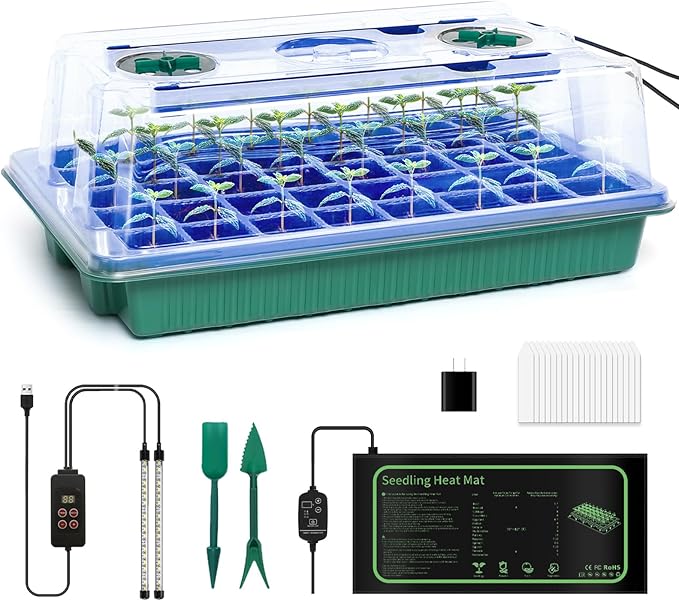 joyhalo 40 Cell Seed Starter Kit with Grow Light and Graphene Heating Mat, Reusable Seed Starter Tray with Higher 4.7”Humidity Domes, Garden Plant Germination Station by Joyhalo