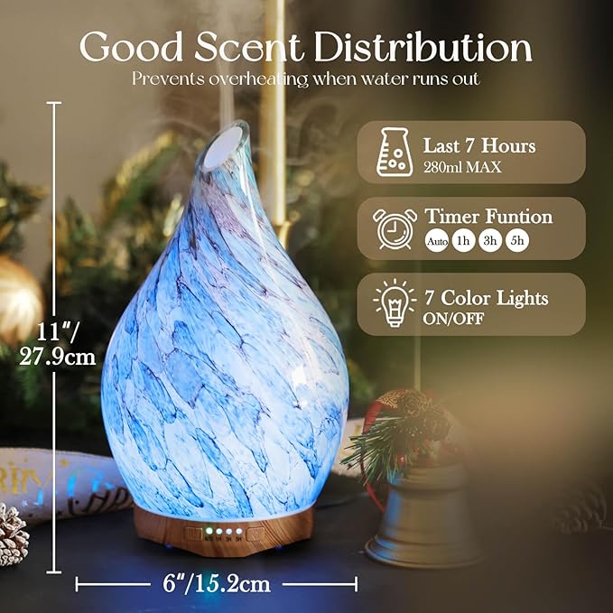 Porseme 280ml Glass Essential Oil Diffuser Aromatherapy Ultrasonic Cool Mist Humidifier 7 Running Hours Waterless Auto-Off Air Diffusers for Sleeping, Yoga, Office Working, Spa and Rest (Light Blue) - Image 3