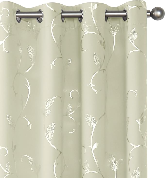 BUHUA Blackout Curtains Silver Foil Print Flower Vine Grommet Drapes, Room Darkening Thermal Insulated Curtains, Noise Reducing Curtain for Bedroom, Cream, 52Wx72L, 2 Panels by BUHUA