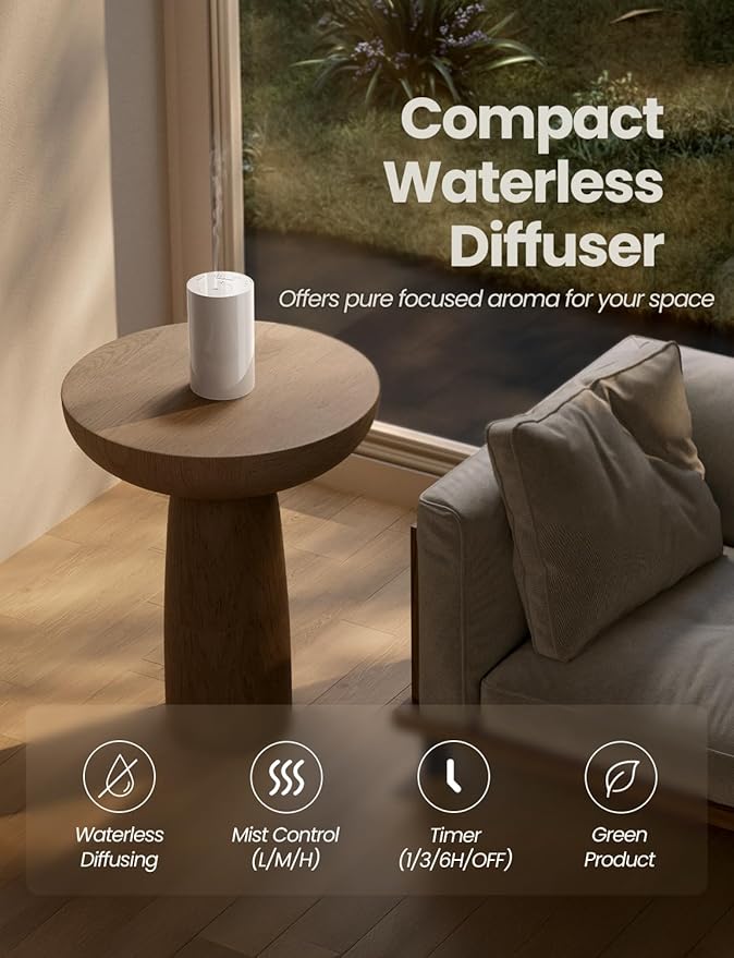 Waterless Essential Oil Diffuser, Portable Aromatherapy Diffuser with 20mL Capacity, Battery Operated Mini Scent Diffuser,3 Mist Levels & Timers, Leak-Free, for Home, Car, Office (White) - Image 2