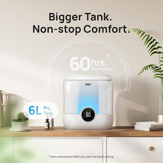 DREO Smart Humidifiers for Bedroom, 6L Top Fill Supersized Cool Mist Humidifier for Large Room, 60 Hour Runtime, Quiet Ultrasonic Humidifiers for Plants, Baby, Indoor, Home, Night Light, White - Image 5