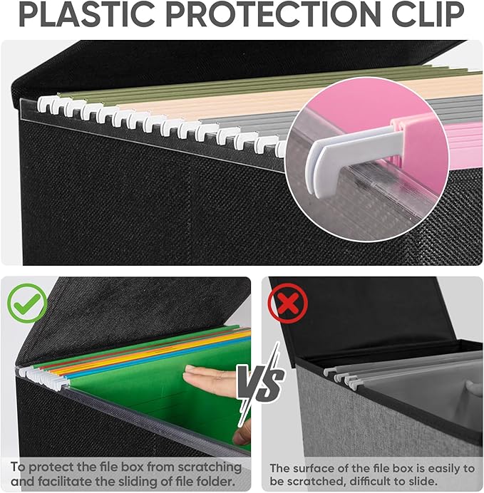 BALEINE File Organizer Box with Lid, Collapsible File Folder Organizer with Plastic Slide, Hanging File Folder Box for Office Document Storage (1 Pack, Black) - Image 4