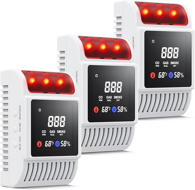6-in-1 Smoke and Carbon Monoxide Detectors Plug in, Gas Leak Detector with Battery Backup, Adjustable Brightness & Volume Levels, Smoke Alarm with Temp/Humidity for Home, RV, Travel(3-Pack) by Unknown
