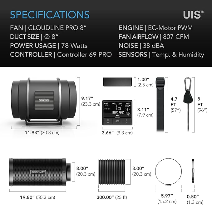 AC Infinity Air Filtration PRO Kit 8”, Inline Fan, Temperature Humidity VPD Controller with WiFi App Control, Carbon Filter, Ducting, Ventilation System for Grow Tents, Hydroponics, Indoor Gardening - Image 7