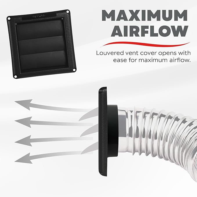 Deflecto Supurr-Vent 4” Outdoor Dryer Vent Cover Black Louvered Wall Hood with Gravity Damper for Backdraft Prevention, Fits Standard 4” Dryer Exhaust Pipe, Weather & UV-Resistant, Durable 6"x6" Face - Image 5