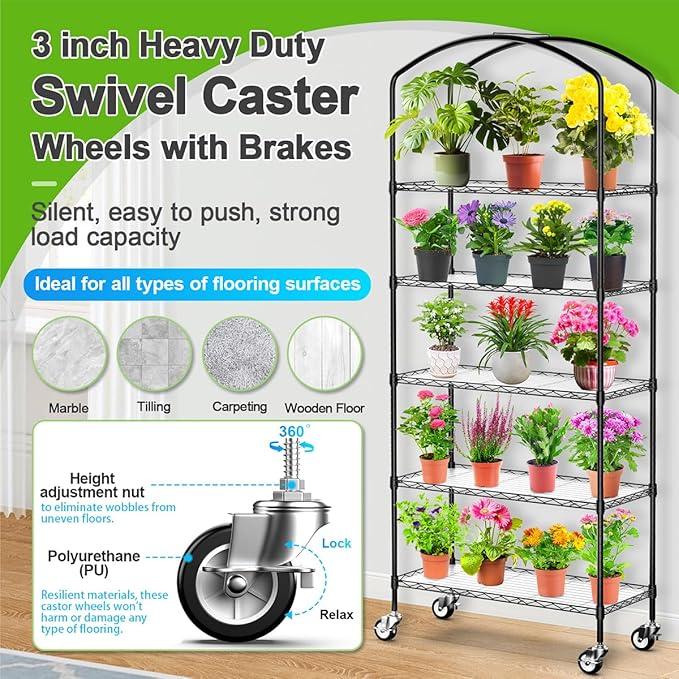 Abimars 5-Tier Greenhouse with Caster Wheel, Each Shelf Height Adjustable Metal Plant Shelf with PVC Cover for Seed Starting Trays, Seedling Pots, Plant Pots, 13x29x73inch - Image 4