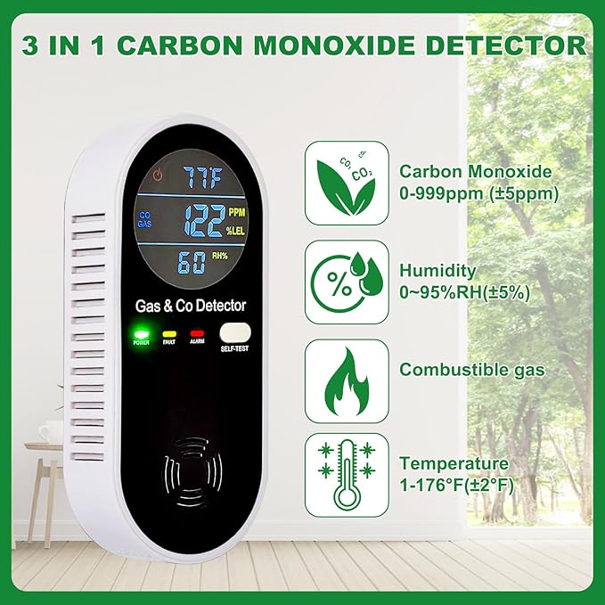Combustible Gas & Carbon Monoxide Detector 4-in-1 Alarm with Temp/Humidity Sensor – Plug-in CO/Gas Leak Detector for Home, RV, Apartment Safety (Explosive Gas & CO Detection) 2-Pack - Image 2