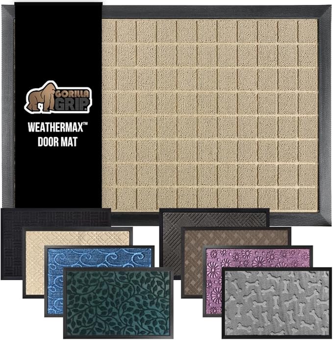 GORILLA GRIP 100% Waterproof All-Season WeatherMax Doormat US Designed Natural Rubber, Stain and Fade Resistant, Low Profile Indoor Outdoor Door Mats, Easy Clean Patio Mat, 23x35, Taupe Grid by GorillaGrip