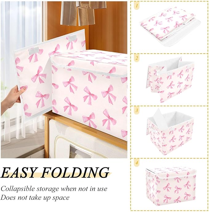 xigua Pink Bow Storage Bins with Lids and Carrying Handle,Foldable Storage Boxes Organizer Containers Baskets Cube with Cover for Home Bedroom Closet Office - Image 4