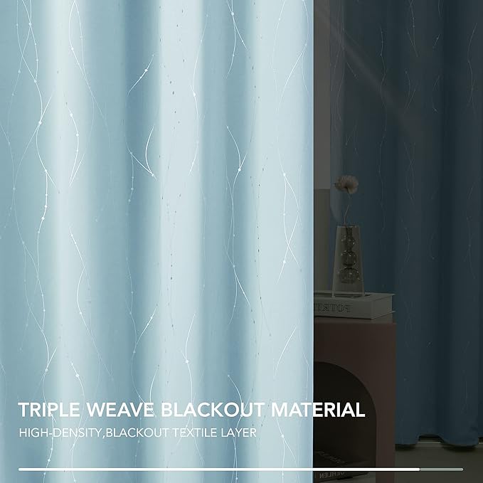 Deconovo Blackout Curtains, Thermal Insulated Soundproof Grommet Drapes, Wave Dot Foil Print, 42 x 72 Inch, Set of 2, Machine Washable Window Panel for Bedroom Living Room Nursery Kitchen, Light Blue - Image 5