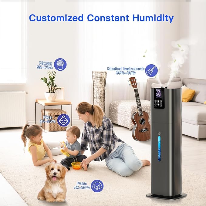 Smart Humidifiers Large Room Bedroom Home, 2.11Gal(8L) Quiet Top Fill Cool Mist Humidifier, Smart App & Remote Control, 3 Speed Humidifier with 360° Nozzle, Humidity Setting for Baby Office(Gray) - Image 9