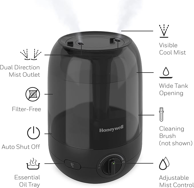 Honeywell Ultra Comfort Cool Mist Humidifier, No Filter, Easy to Fill and Clean, Cleaning Brush Included, Ultra Quiet, Use With Essential Oils for Extra Comfort, Black, HUL545B - Image 8