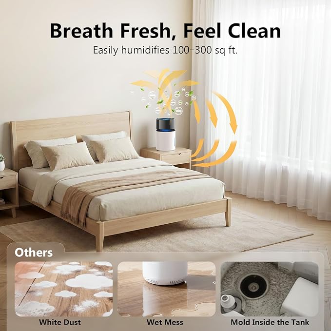 3L Mist-Free Evaporative Humidifier for Bedroom, Top Fill Humidifier Work with Tap Water, Touch Control,USB Powered, Sleep Mode, Night Light,1–8H Timer, Easy-Clean Design for Home Office - Image 5