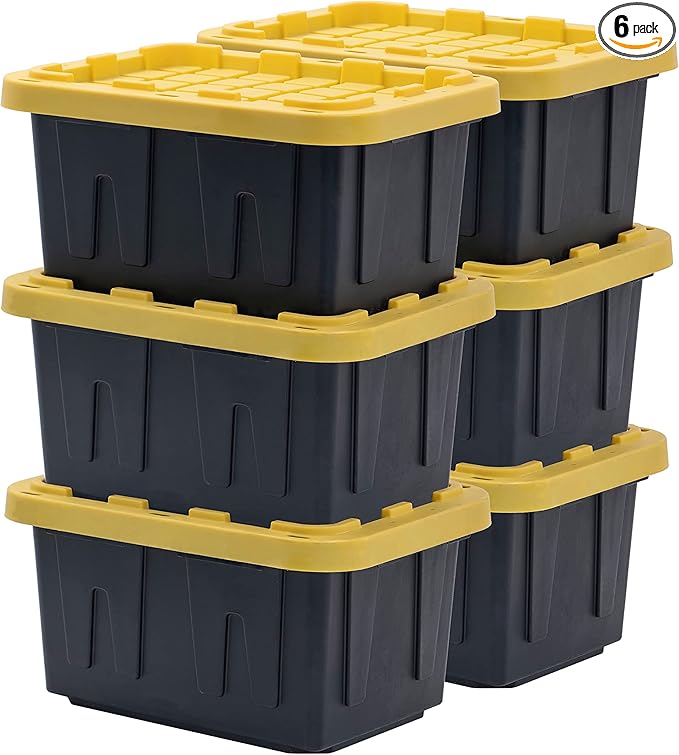 BLACK & YELLOW, 5-Gallon Heavy Duty Tough Storage Container & Snap-Tight Lid, (8.6"H x 12.3"W x 16.4"D), Weather-Resistant Design and Stackable Organization Tote [6 Pack] by BLACKYELLOW