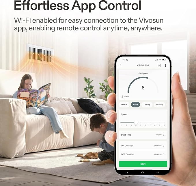 VIVOSUN Quiet Register Booster Fan for "  " Holes, Cooling Heating Vent Fan with 10-Speeds App Control &Adjustable Wind Direction, Thermostat Control for Bedroom, Bathroom &Attic, White - Image 3