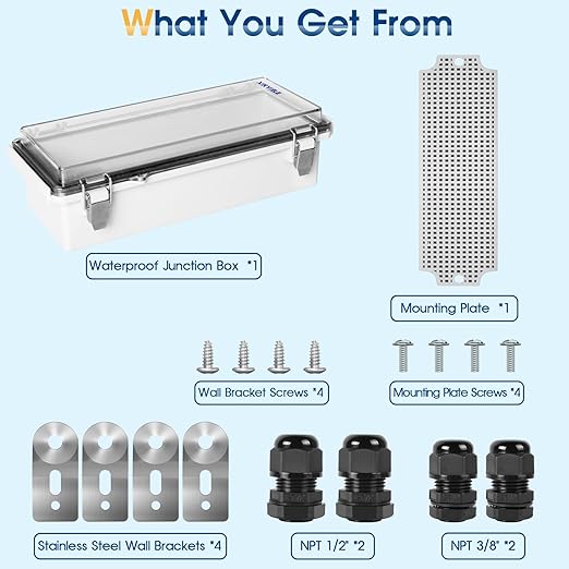 Waterproof Outdoor Project ABS Plastic Junction Box IP67 Weatherproof Dustproof Enclosure with Hinged Cover, Mounting Plate,Wall Brackets for Power Project (Clear,10.2"x4.3"x3.0") - Image 7