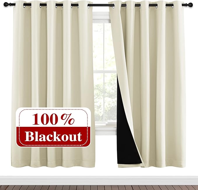 NICETOWN Living Room Completely Shaded Draperies, Privacy Protection & Noise Reducing Ring Top Drapes, Black Lined Insulated Window Treatment Curtain Panels (Beige, 2 Pieces, W70 x L72) by NICETOWN