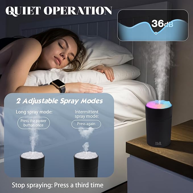 Portable Mist Humidifier Auto Shut-Off USB Powered 220ml Small Desktop Humidifiers with Colorful Light 2 Cool Spray Modes for Bedroom Office Car (Black) - Image 4