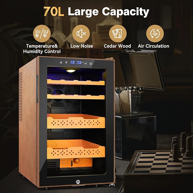 Electric Cooler Cabinet 70L with Temperature and Humidity Control, Leather Finish, Spanish Cedar Wood Shelves and Safety Lock (500 Counts Capacity), Gift for Men - Image 7