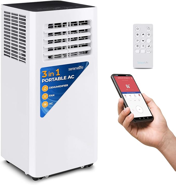 SereneLife Small Air Conditioner Portable 10,000 BTU with Built-in Dehumidifier - Portable AC unit for rooms up to 450 sq ft - WiFi app + Remote Control, Window Mount Exhaust Kit by SereneLife