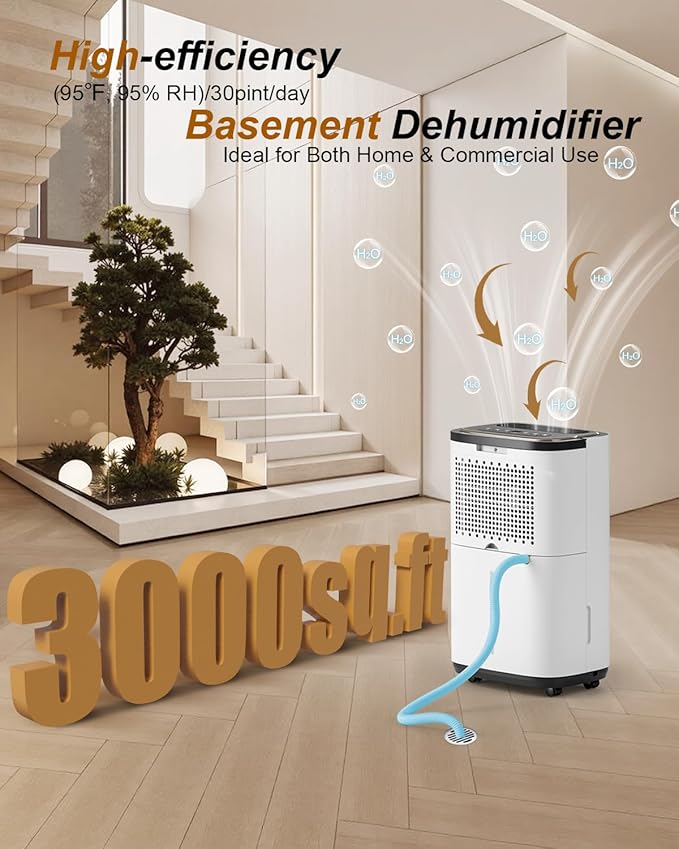 3000 Sq. Ft. Dehumidifier for Basement, 30 Pint Quiet Dehumidifiers for Home with Drain Hose, Smart Humidity Control, 24H Timer & Child Lock, Ideal for Large Rooms, Bathroom, Bedroom, Garage - Image 2